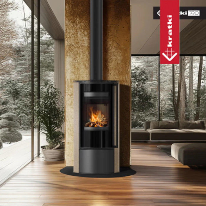 Piec wolnostojący KRATKI ERIK Ø 150 5,5 kW GOLD SATIN z czarnym wyłożeniem