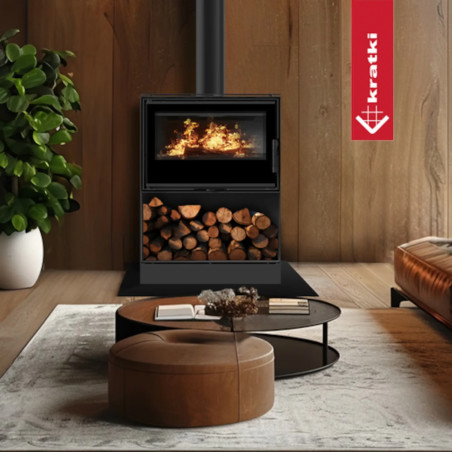 Piec stalowy KRATKI KARI 70 Ø 150 8 kW kominek w zabudowie wnęka na drewno czarne wyłożenie