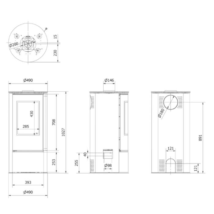 Piec wolnostojący stalowy KRATKI SKADI Ø 150 5,5 kW z czarnym termotec
