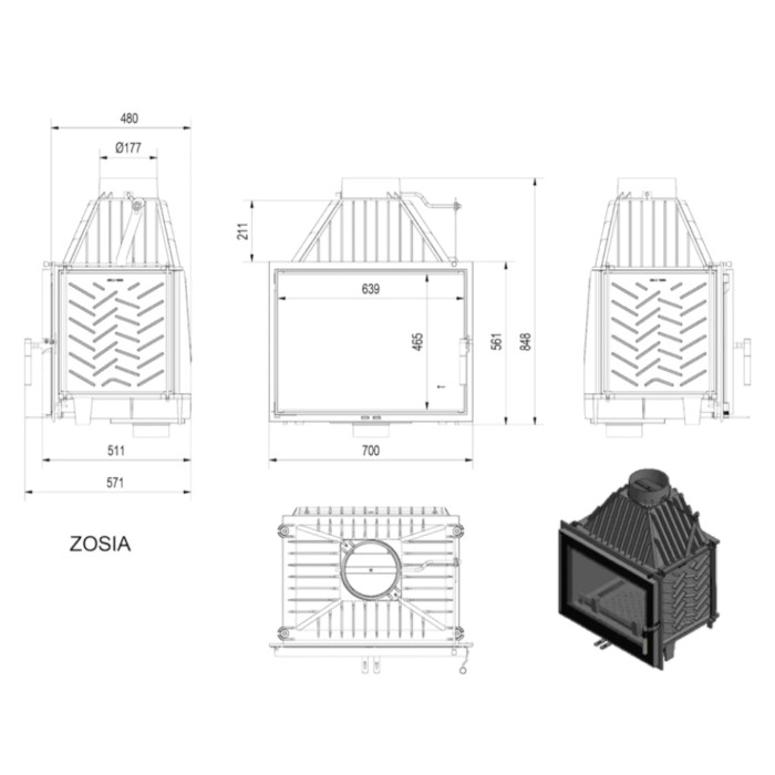 Kominek powietrzny żeliwny KRATKI ZOSIA 12 kW Ø 180
