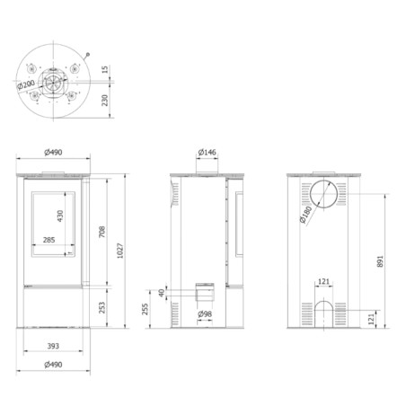 Piec wolnostojący stalowy KRATKI SKADI Ø 150 5,5 kW z czarnym termotec