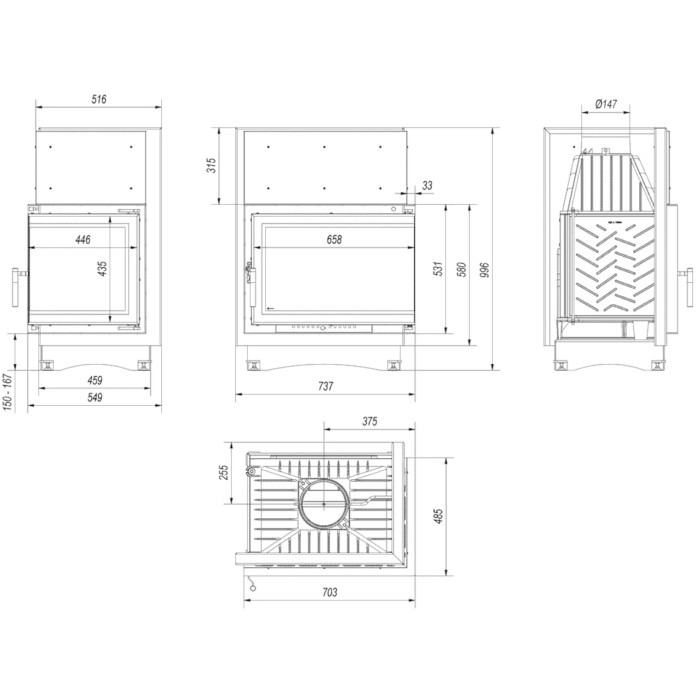 Kominek żeliwny KRATKI ZUZIA ECO DECO prawy BS 12 kW Ø 150