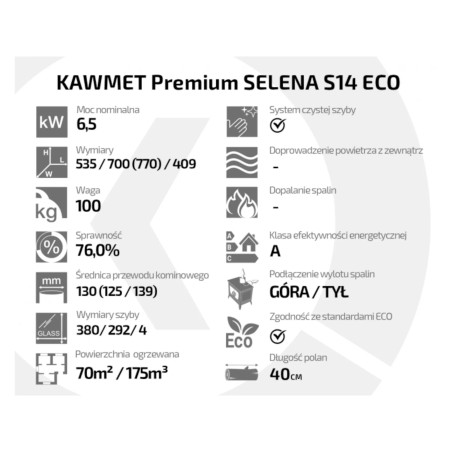 Piec wolnostojący KAWMET Premium SELENA S14 ECO 6,5kW