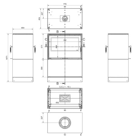Piec stalowy tunelowy KRATKI KARI 80 12 kW Ø 180 z półką na drewno