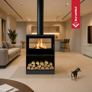 Piec stalowy tunelowy KRATKI KARI 80 12 kW Ø 180 z półką na drewno, Czarne wyłożenie