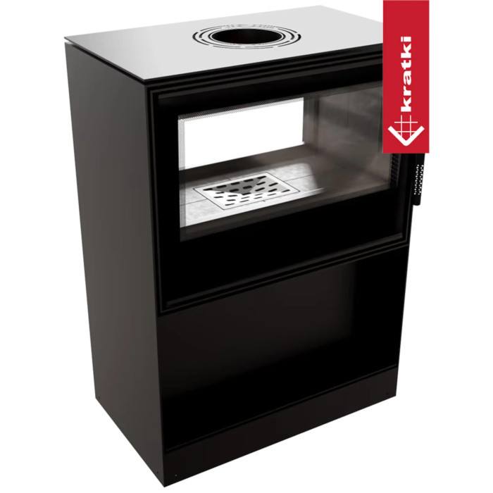 Piec stalowy tunelowy KRATKI KARI 80 12 kW Ø 180 z półką na drewno, Czarne wyłożenie