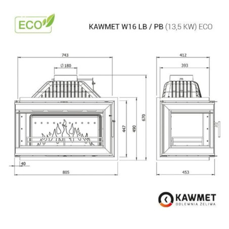 Kominek żeliwny KAWMET W16 LB Lewy 13,5 KW Eco