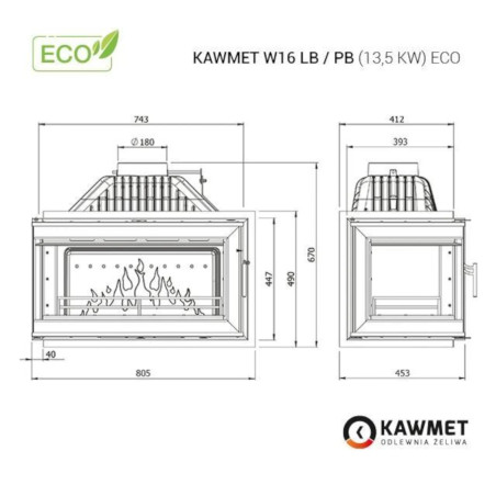 Kominek żeliwny KAWMET W16 PB Prawy 13,5 kW ECO